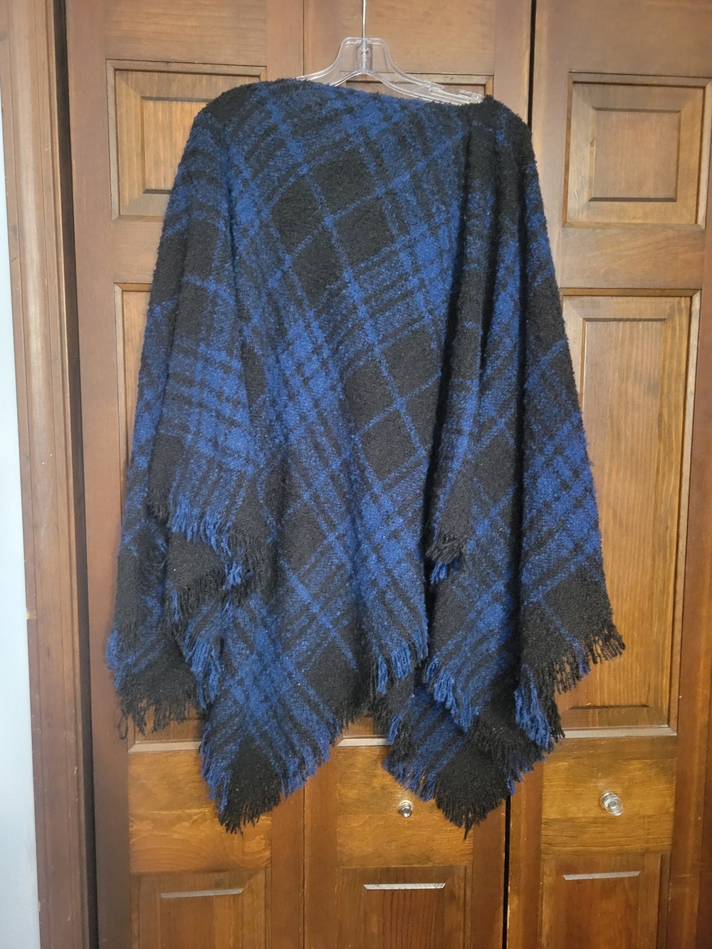 Chaps Black & Blue Plaid Fringe Poncho Cape